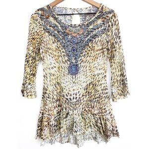 V Cristina 90s Style Burnout Leopard Print Western Ruffle‎ Tunic Top - Size S